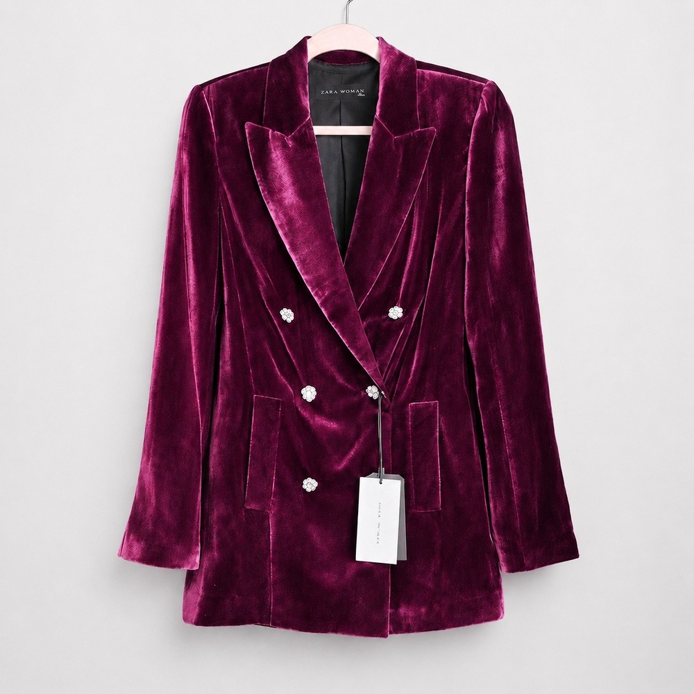 ZARA NEW Luxe Purple Velvet Rhinestone Button Oversized Blazer SZ Small - Picture 2 of 12